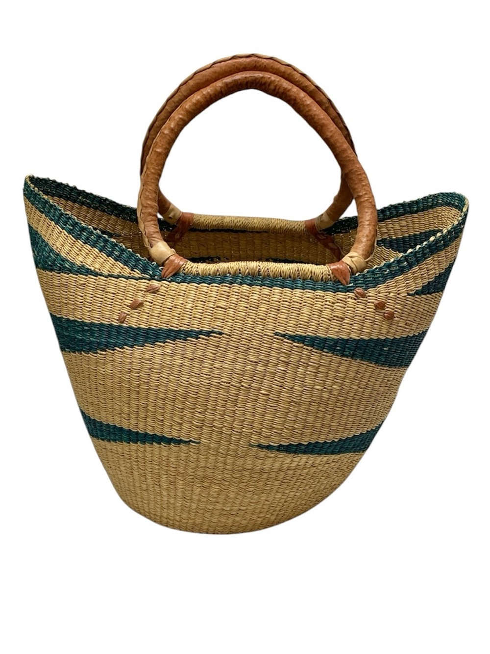 Handwoven Bolga Market Basket with Leather Wrapped Handles Large U Shopper